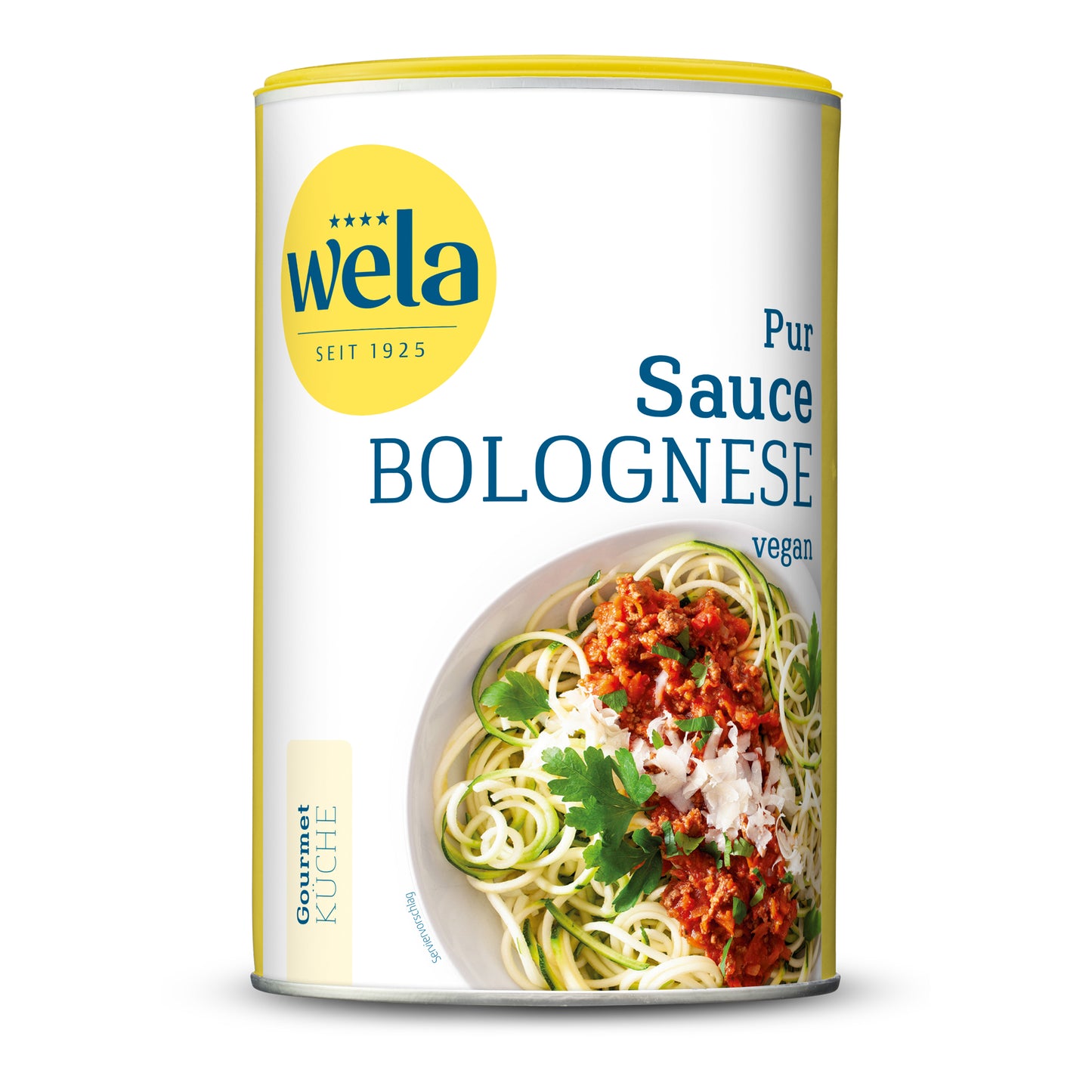 Wela Sauce Bolognese vegan pur - Vorratsdose mit gelb-weißem Vorderseitenetikett, Motiv eines Pastagerichts.