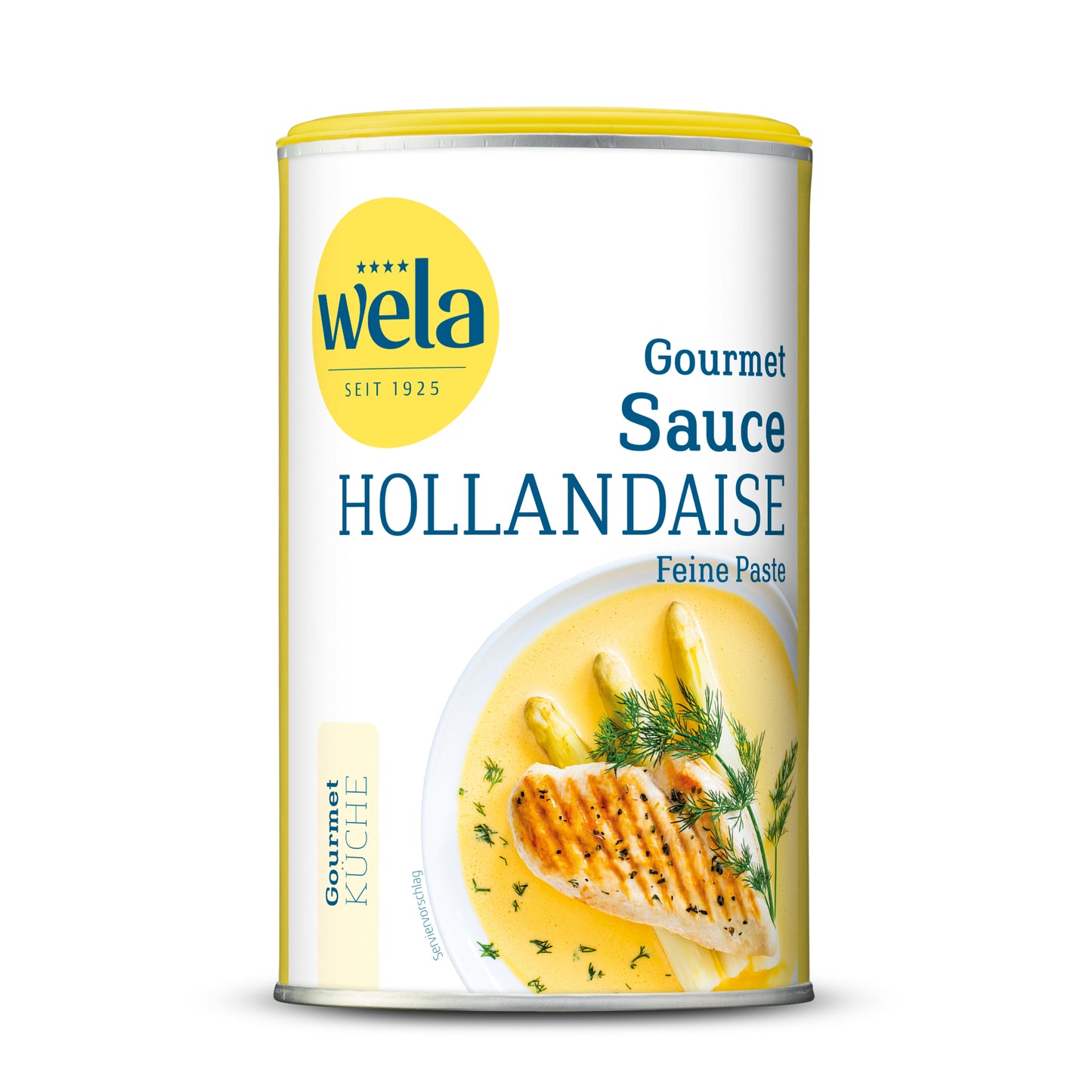 Wela Sauce Hollandaise feine Paste - Dose mit gelb-weißem Vorderseitenetikett, Motiv eines Spargelgerichts. 