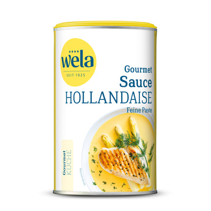 Wela Sauce Hollandaise feine Paste - Dose mit gelb-weißem Vorderseitenetikett, Motiv eines Spargelgerichts. 