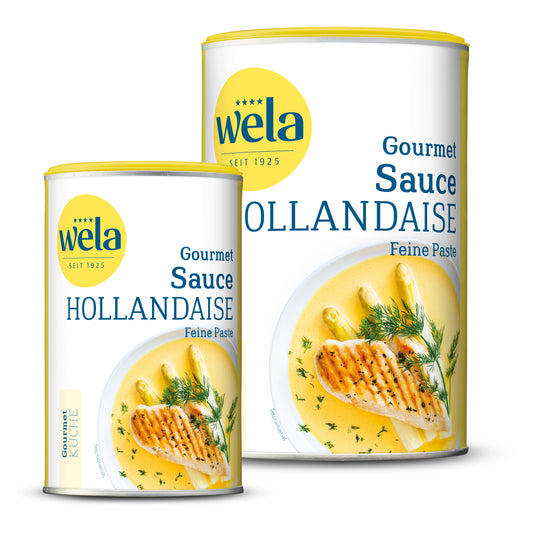 Wela Sauce Hollandaise feine Paste - 1 Dose und 1 Vorratsdose mit gelb-weißem Vorderseitenetikett, Motiv eines Spargelgerichts. 
