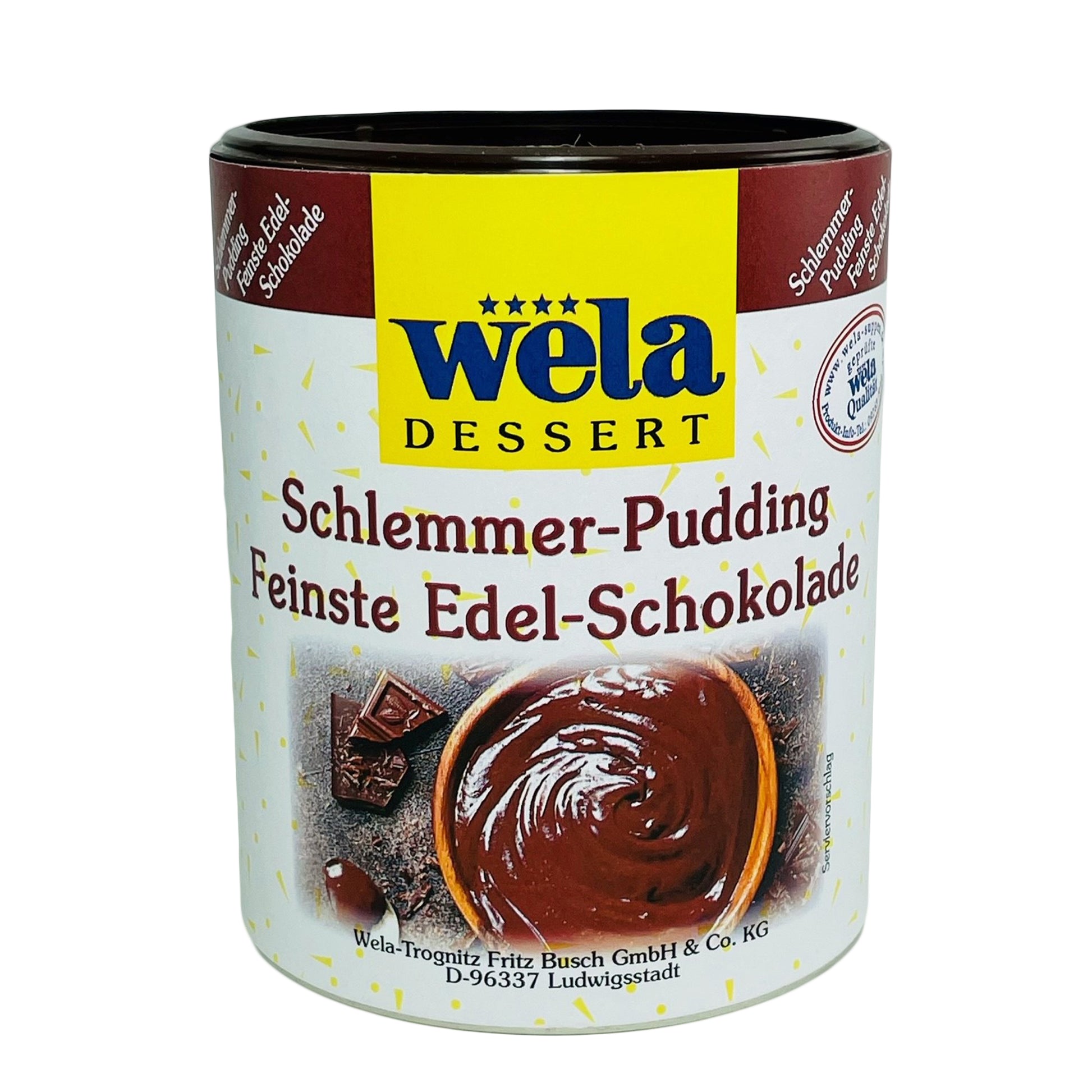 Wela Schlemmer-Pudding Feinste Edel-Schokolade – Dose mit weißem Etikett, Produktbezeichnung und Puddingmotiv.