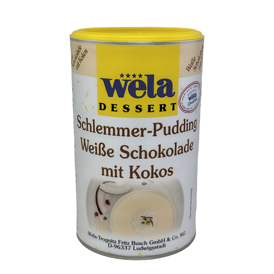 Wela Schlemmerpudding Weisse Schokolade mit Kokos - Dose mit gelb-weißem Etikett und Dessert als Motiv.