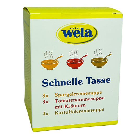Wela Schnelle Tasse Sortiment - Ein gelber Karton mit weißem Etikett und Aufschrift.