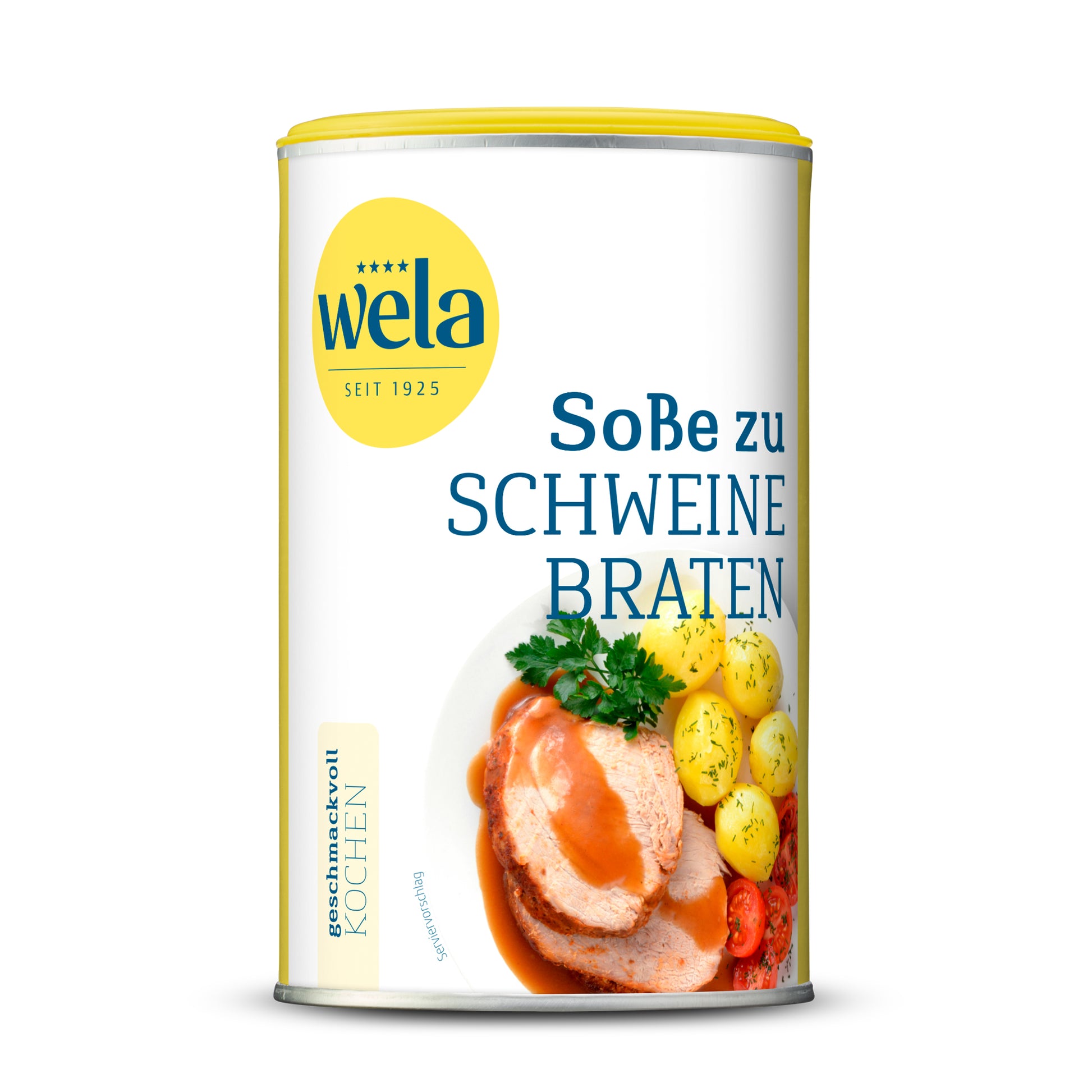 Wela Soße zu Schweinebraten - Dose mit weiß-gelbem Etikett, Produktbezeichnung und Tellergericht als Motiv.