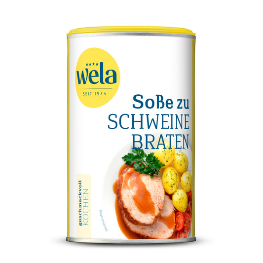 Wela Soße zu Schweinebraten - Dose mit weiß-gelbem Etikett, Produktbezeichnung und Tellergericht als Motiv.
