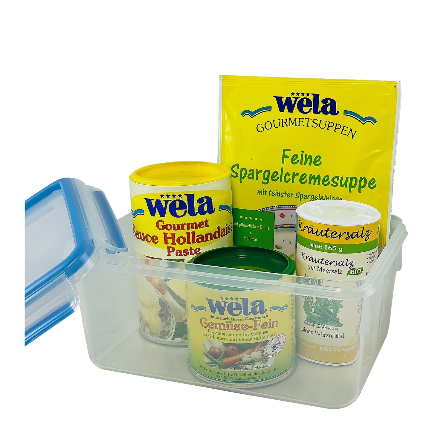 Wela Spargel-Feinschmecker-Set mit drei Dosen und einem Beutel in transparenter Kunststoffbox mit Deckel.