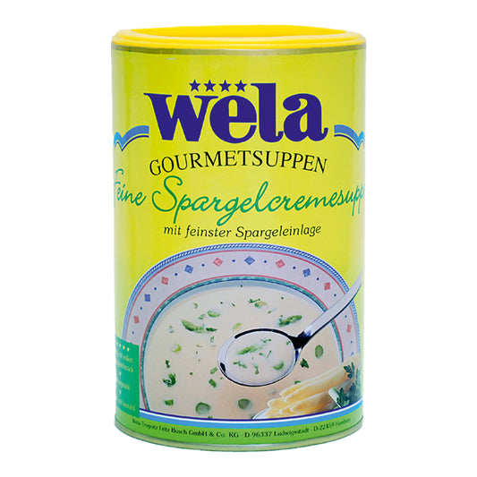 Eine Vorratsdose mit gelbem Etikett, Produktbezeichnung und Suppenmotiv.
