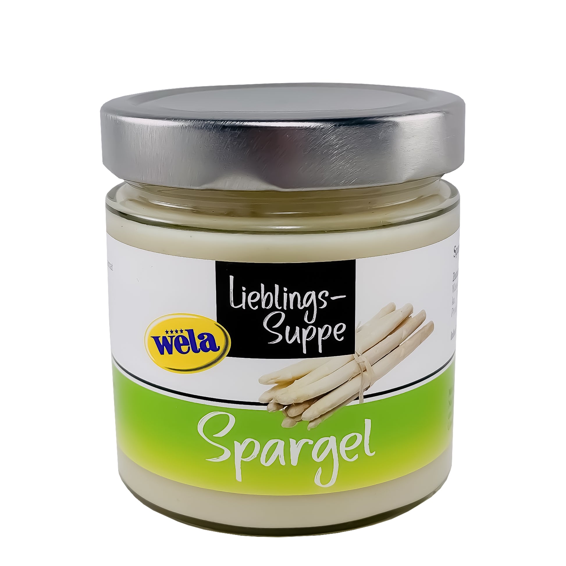 Wela Spargelcremesuppe - Glas mit silbernen Schraubverschluss und weiß-grünem Etikett mit Spargelabbildung. 

