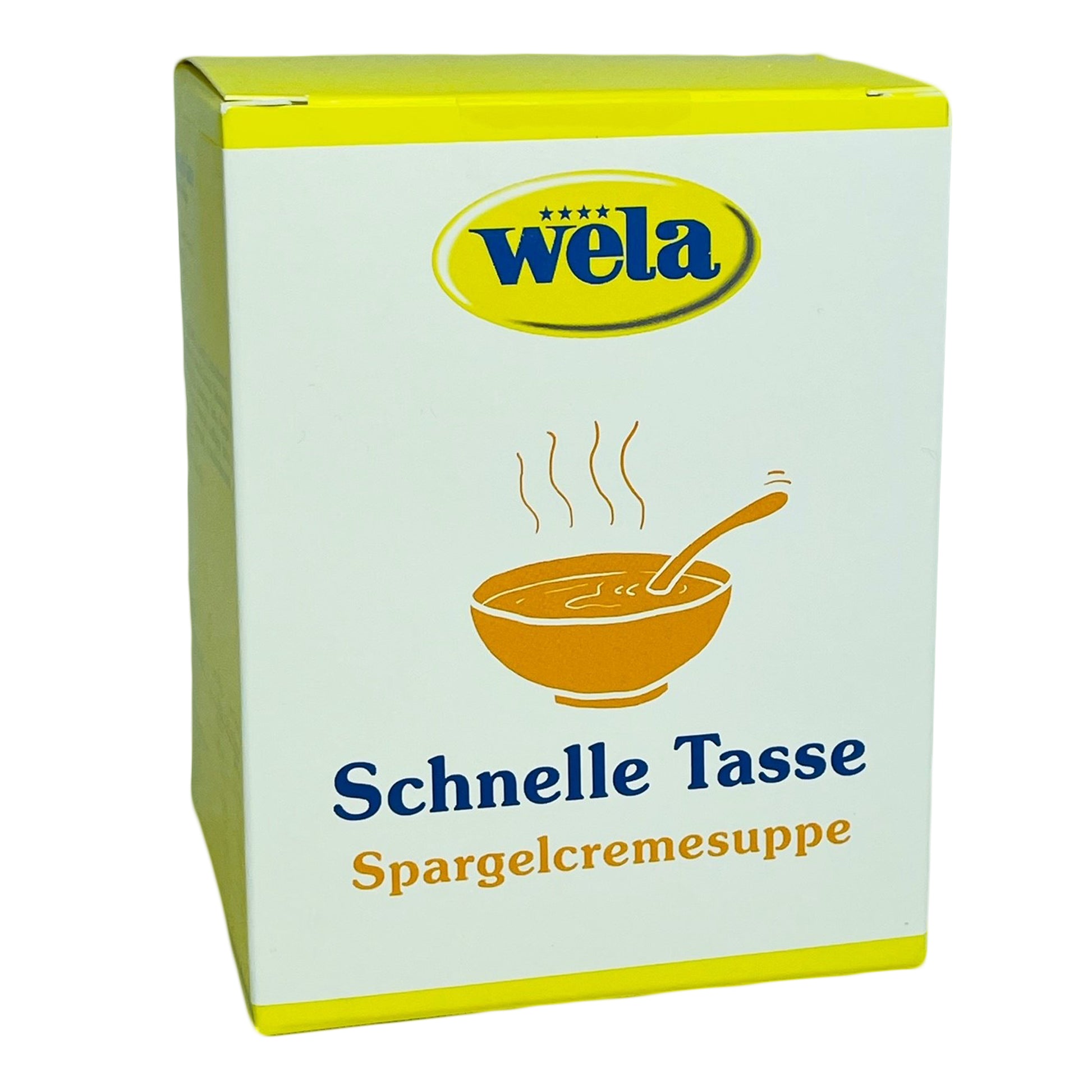 Wela Schnelle Tasse Spargelcremesuppe - Ein gelber Karton mit weißem Etikett und Aufschrift.