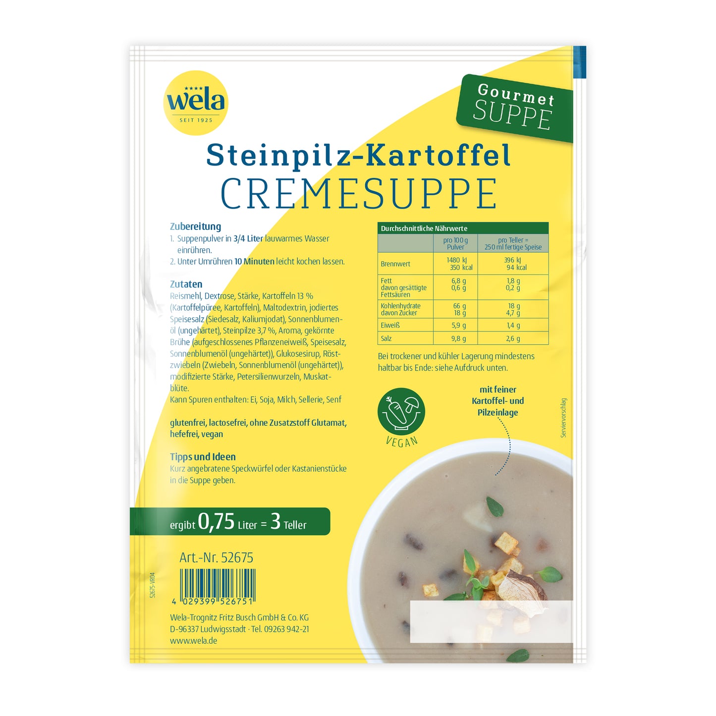 Wela Gourmet Steinpilz-Kartoffel Cremesuppe, ergibt 3 Teller – Beutel Rückseite mit Zubereitung, Zutaten und Nährwerten