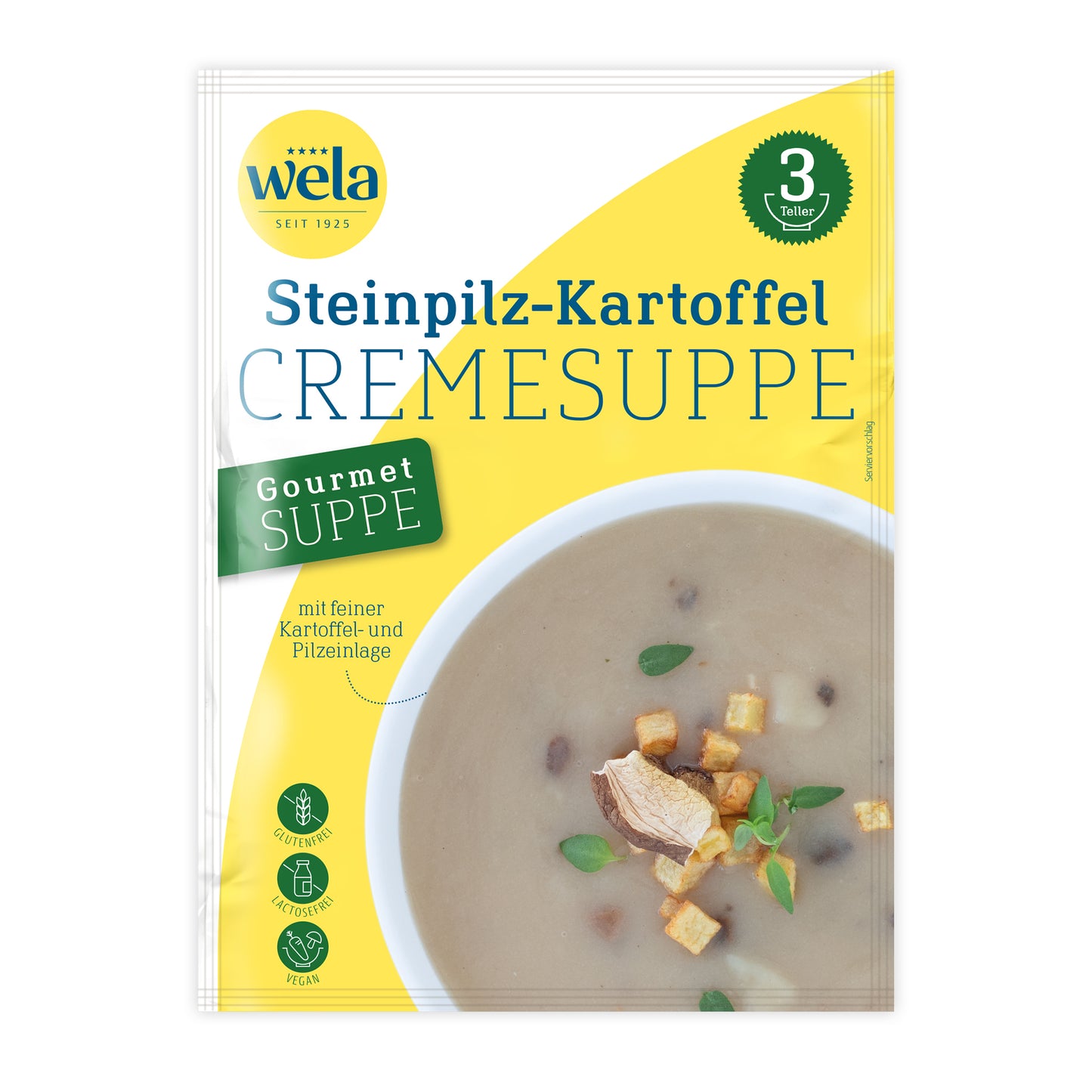 Wela Gourmet Steinpilz-Kartoffelcremesuppe, 3 Teller – Beutel Vorderseite