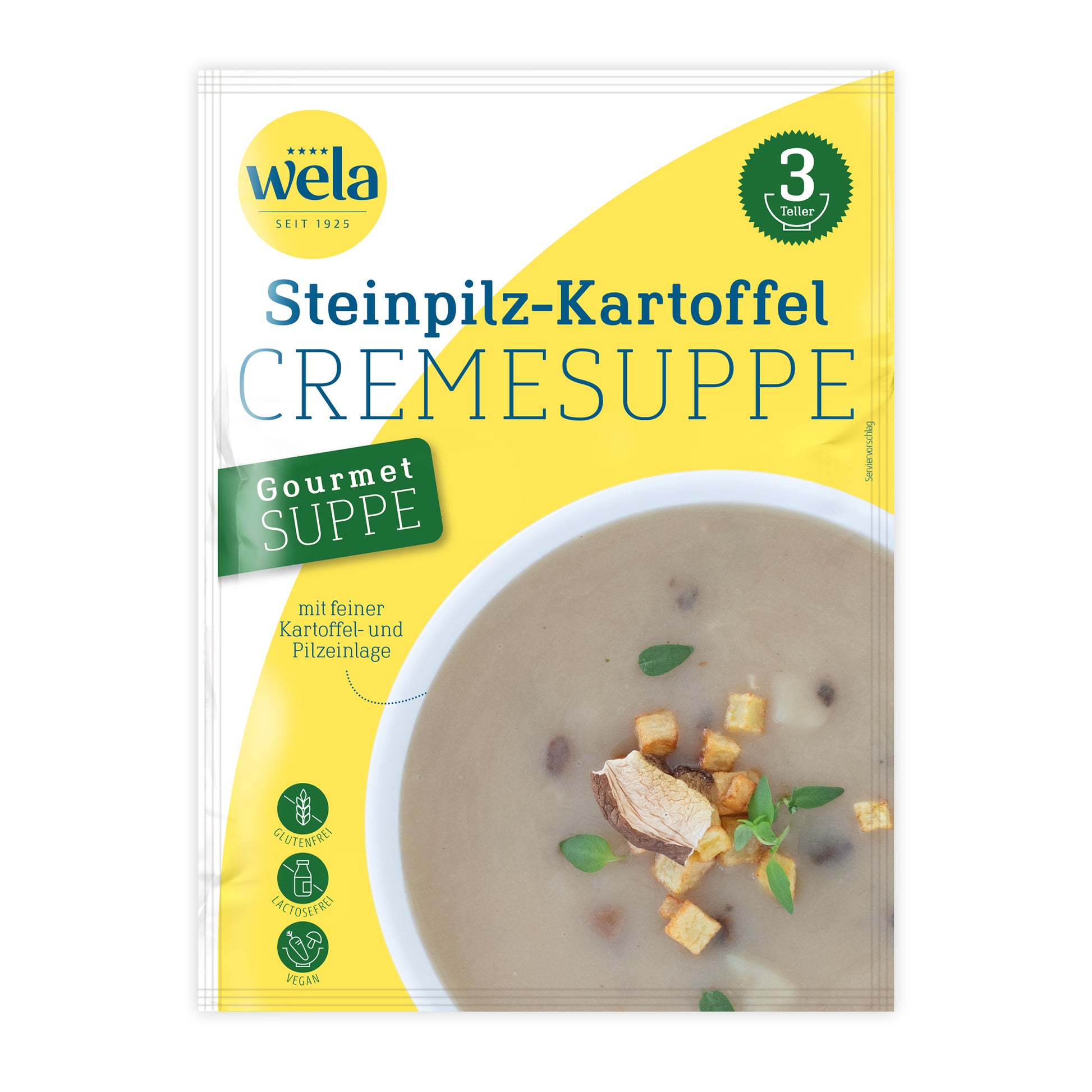 Wela Gourmet Steinpilz-Kartoffelcremesuppe, 3 Teller – Beutel Vorderseite