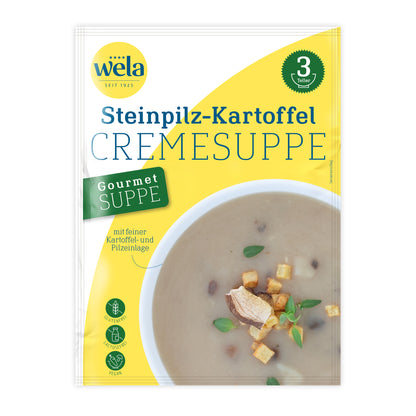 Wela Gourmet Steinpilz-Kartoffelcremesuppe, 3 Teller – Beutel Vorderseite