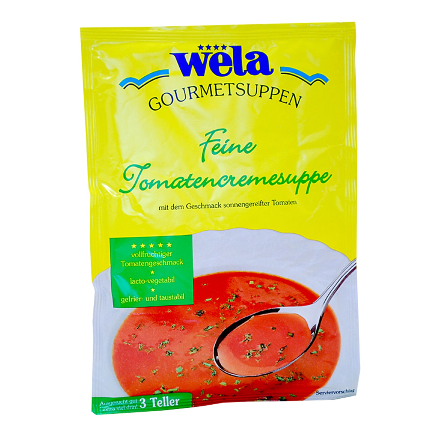 Ein gelber Suppenbeutel mit grüner Aufschrift und Suppe als Motiv.
