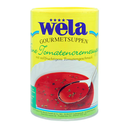 Eine Vorratsdose mit gelbem Etikett, Produktbezeichnung und Suppenmotiv.