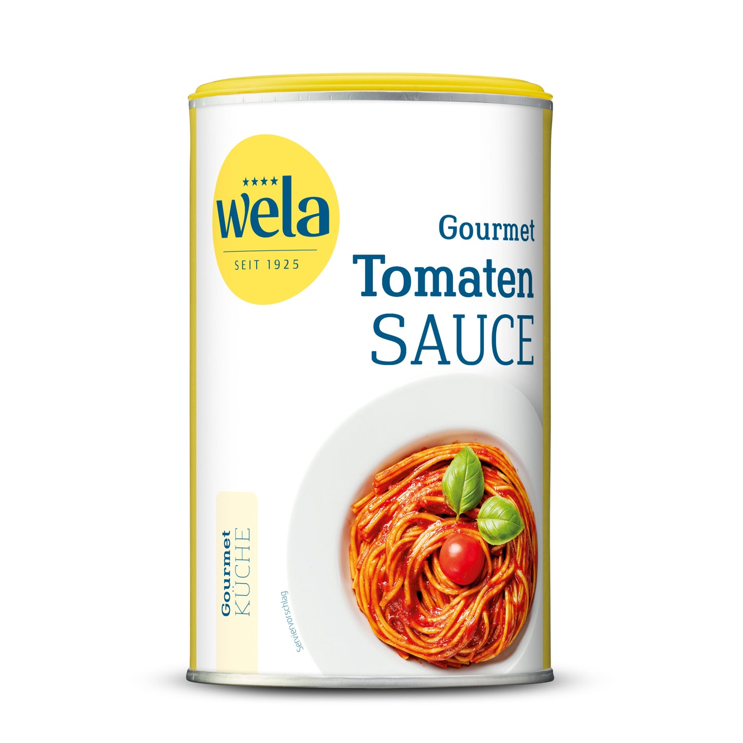 Wela Tomatensauce Gourmet - Dose mit gelb-weißem Vorderseitenetikett, Motiv eines Pastagerichts mit Tomatensauce. 
