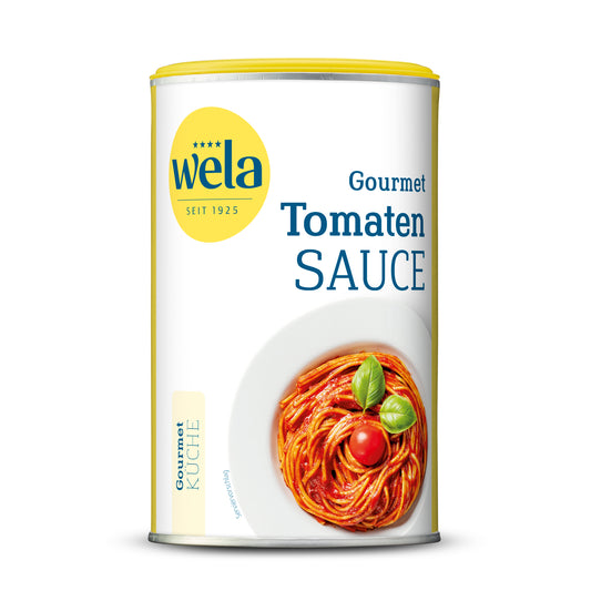 Wela Tomatensauce Gourmet - Dose mit gelb-weißem Vorderseitenetikett, Motiv eines Pastagerichts mit Tomatensauce. 
