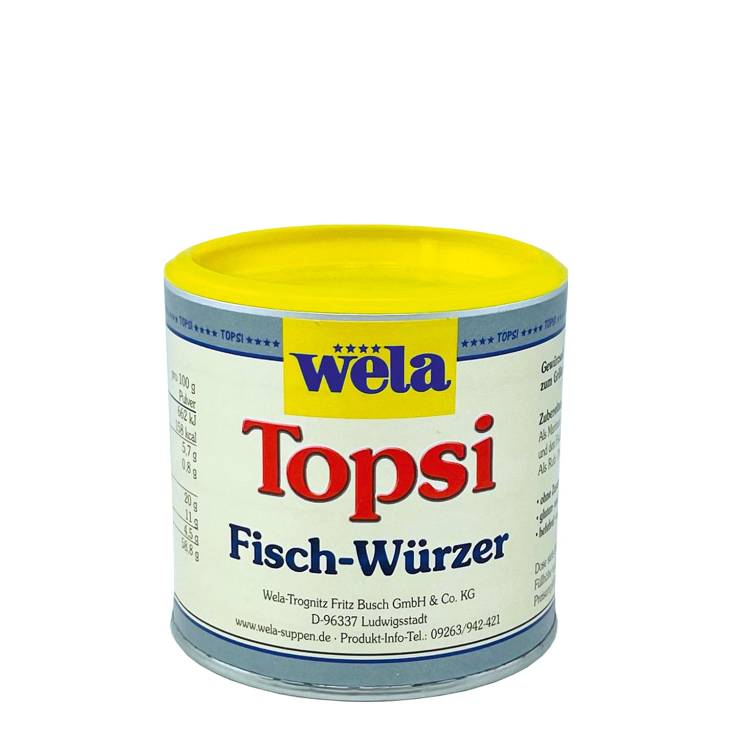 Wela Topsi Fisch-Würzer - eine kleine Dose mit beigem Etikett und Produktbezeichnung mit Topsi Schriftzug. 
