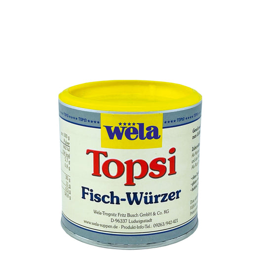 Wela Topsi Fisch-Würzer - eine kleine Dose mit beigem Etikett und Produktbezeichnung mit Topsi Schriftzug. 
