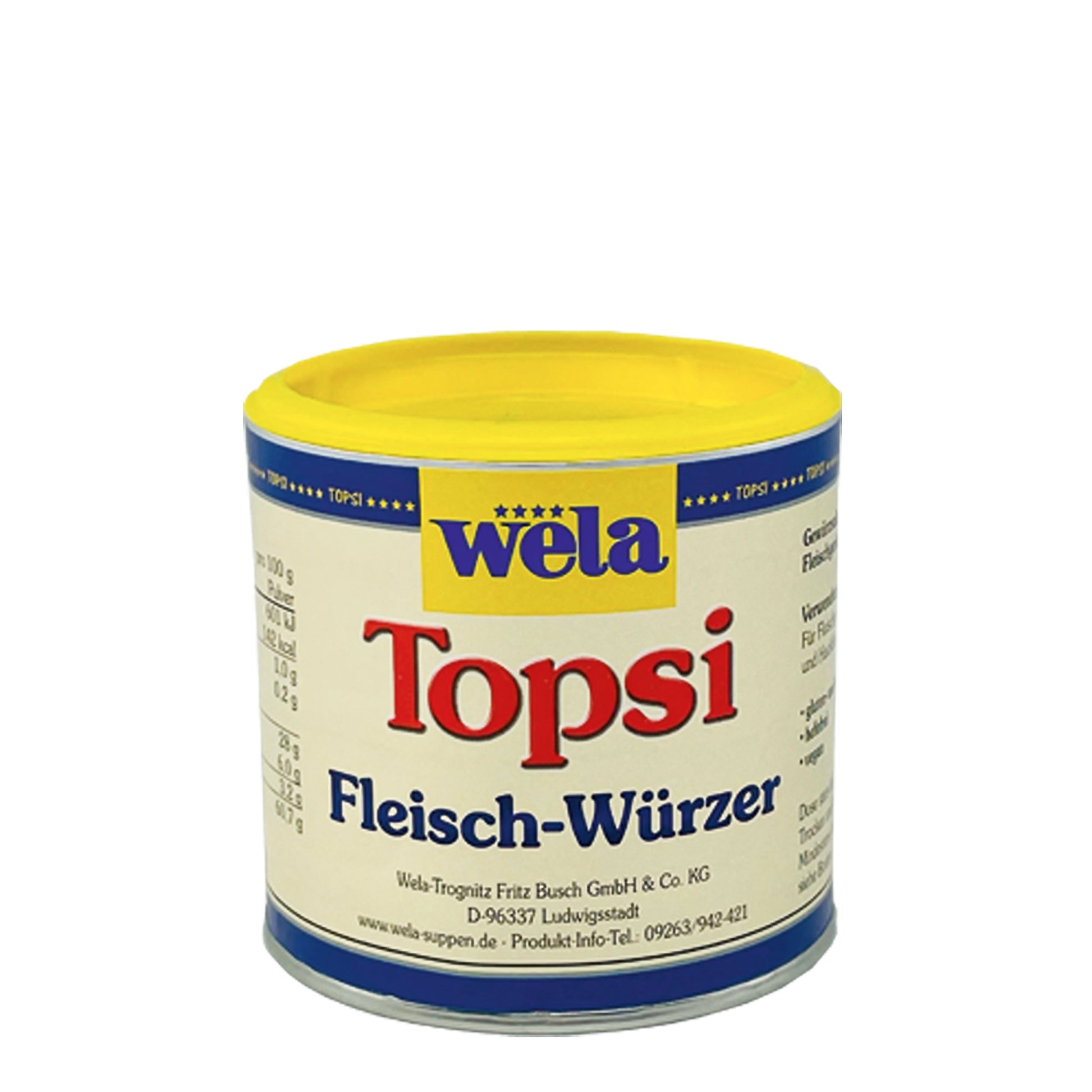 Wela Topsi Fleisch-Würzer - eine kleine Dose mit beigem Etikett und Produktbezeichnung mit Topsi Schriftzug. 
