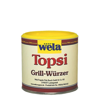 Wela Topsi Grill-Würzer - eine kleine Dose mit beigem Etikett und Produktbezeichnung mit Topsi Schriftzug. 
