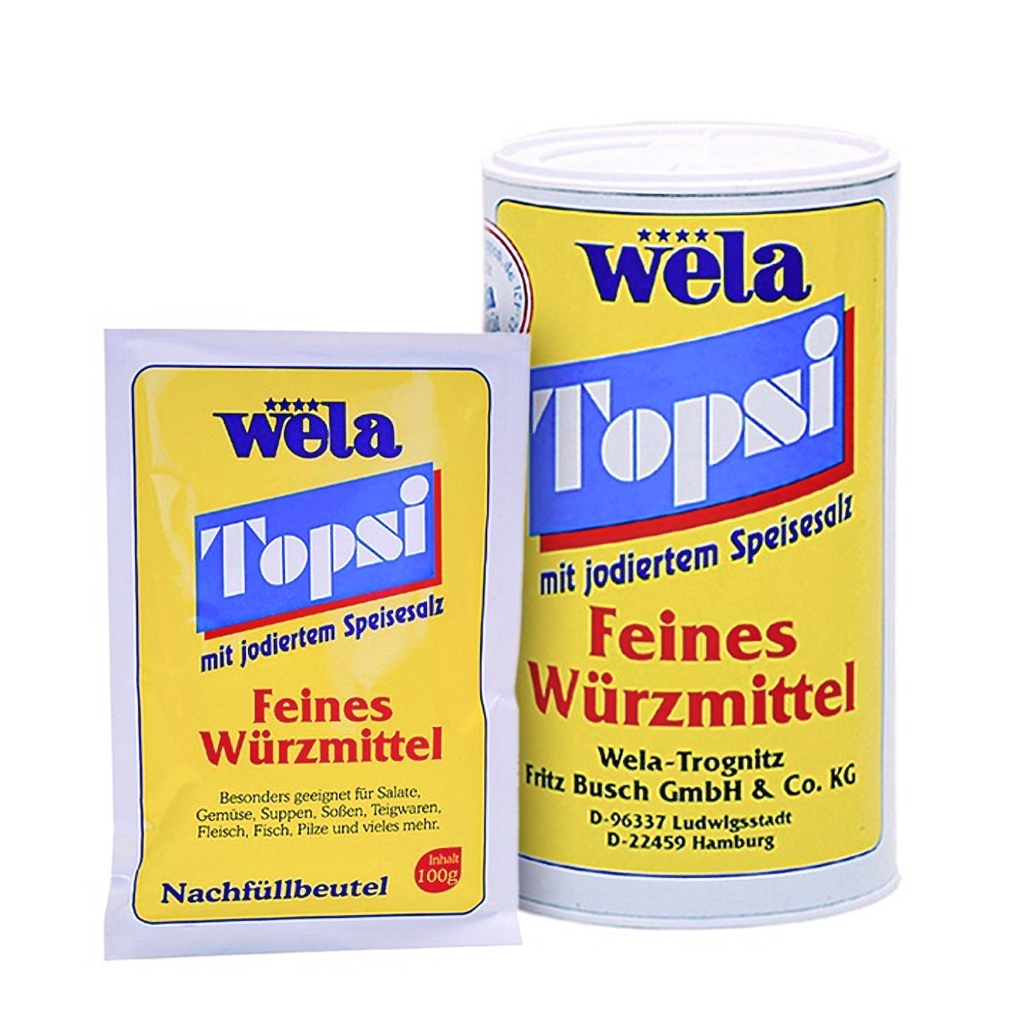 Wela Topsi feines Würzmittel jodiert - eine Streudose und ein Nachfüllbeutel mit gelb-weißem Etikett und Topsi-Schriftzug.
