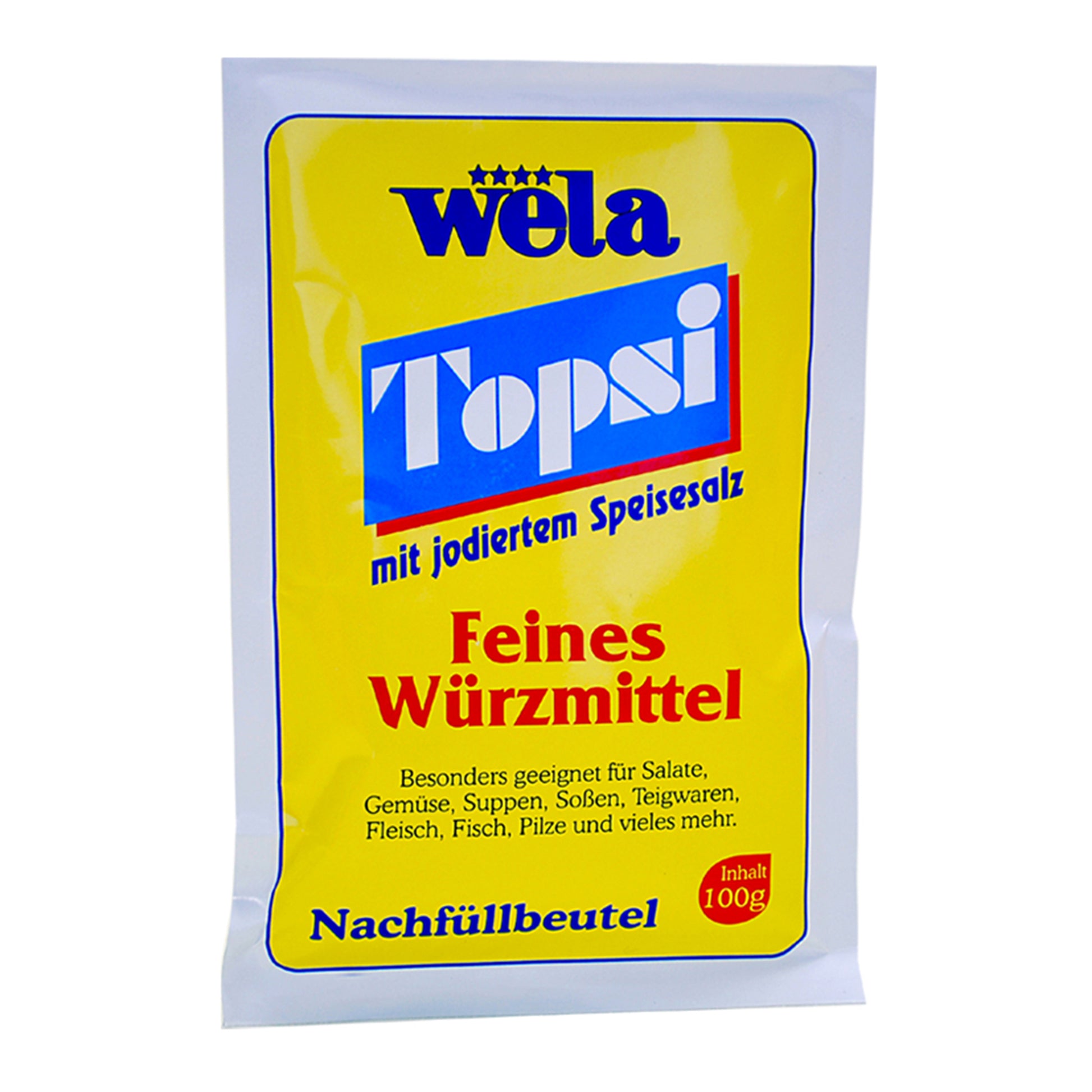 Wela Topsi feines Würzmittel jodiert - Nachfüllbeutel mit gelb-weißem Etikett und Topsi-Schriftzug.
