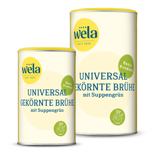 Wela Universal gekörnte Brühe - eine kleine Dose und eine Vorratsdose mit gelb-weißem Vorderseitenetikett und Produktbezeichnung.