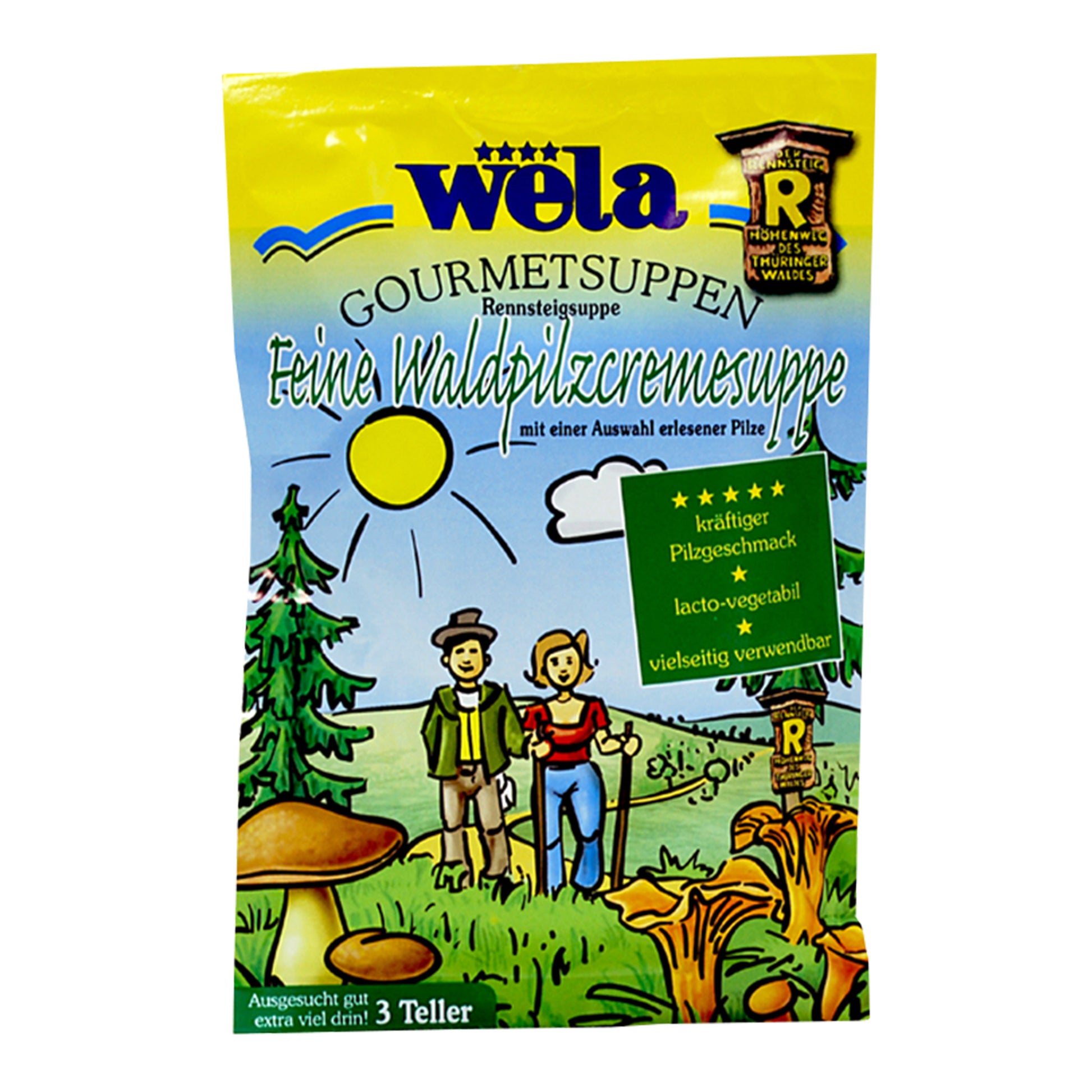 Ein illustrierter farbiger Suppenbeutel mit grüner Aufschrift.