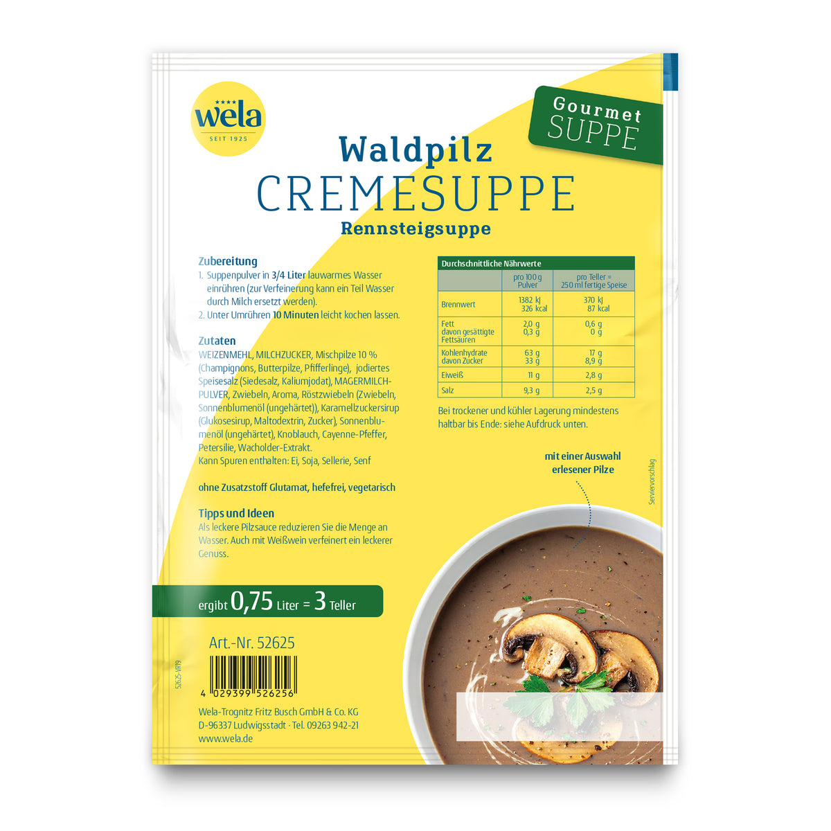 Wela Waldpilzcremesuppe Gourmet, 3 Teller – Beutel Rückseite mit Zubereitung, Zutaten und Nährwerten