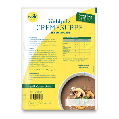 Wela Waldpilzcremesuppe Gourmet, 3 Teller – Beutel Rückseite mit Zubereitung, Zutaten und Nährwerten