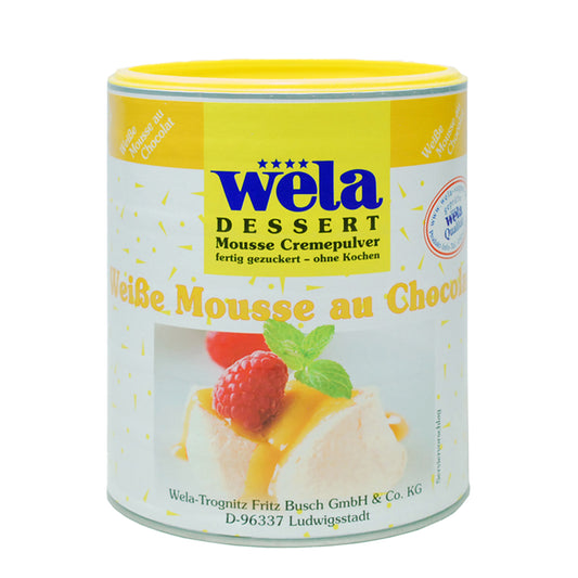 Wela Weiße Mousse au Chocolat – Dose mit weißem Etikett, Produktbezeichnung und Dessertmotiv.