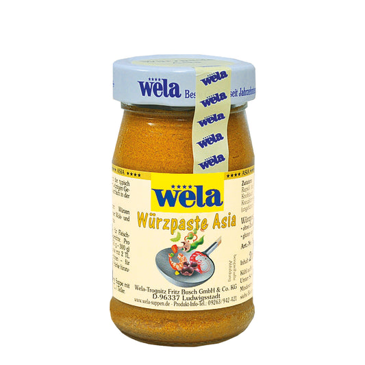 Wela Würzpaste Asia - ein kleines Glas mit gelber Würzpaste, Etikett mit Illustration und weißer Banderole.