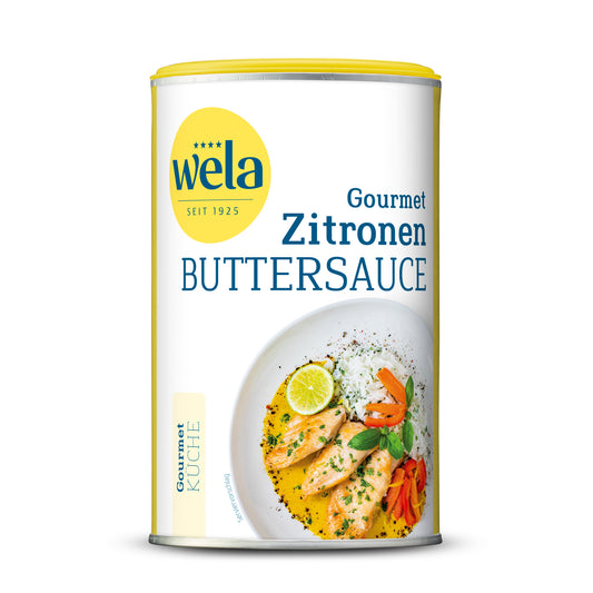 Wela Zitronen-Buttersauce Pulver - Dose mit gelb-weißem Vorderseitenetikett, Motiv eines Fischgerichts.